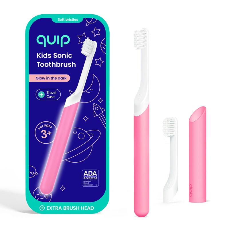 Quip Plastic Sonic Toothbrush for Kids Plus Extra Brush Head GITD Pink Glow in The Dark